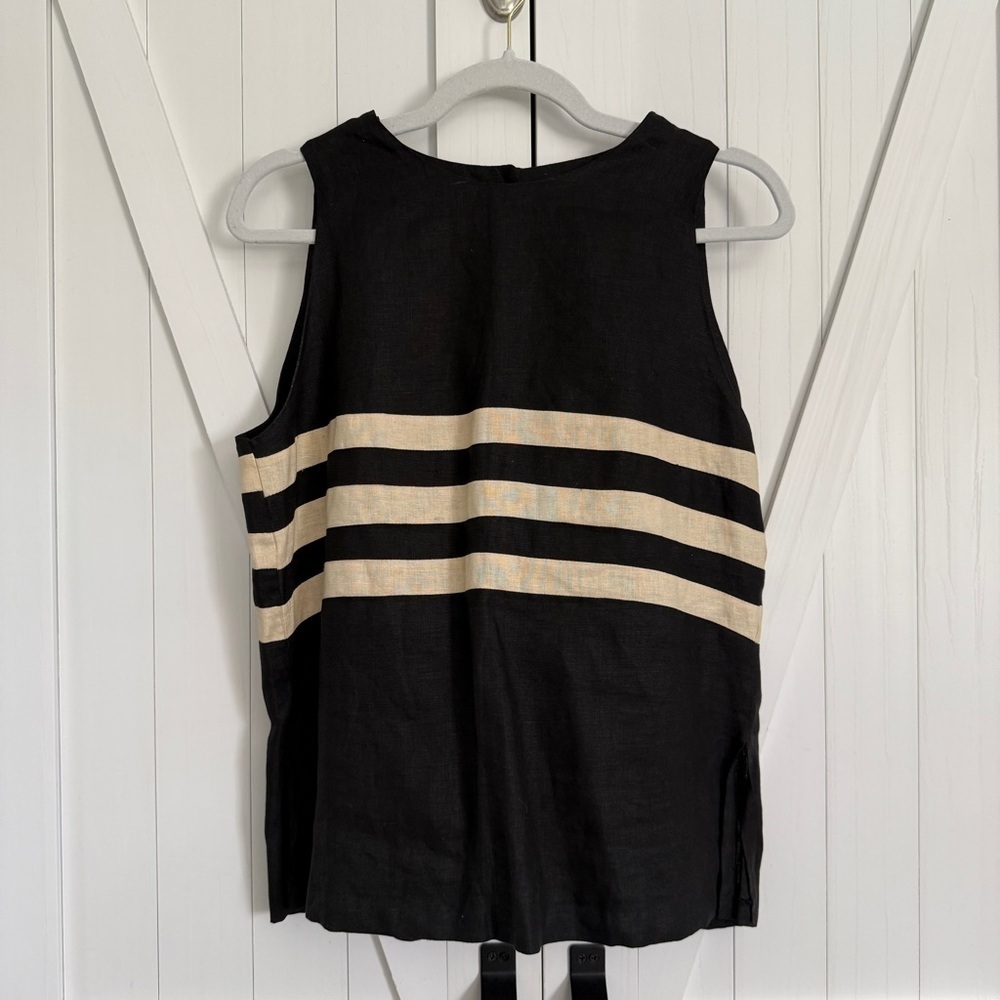 Joe 100% Linen Button Up Back Striped Black Top Large Neutral Luxury Summer - Picture 8 of 13